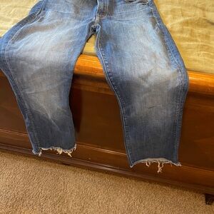 MOTHER Blue Straight Jeans with Distressed Details